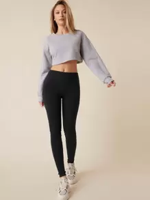 SHEIN BASICS Wide Waistband Solid Leggings - Black - View 5