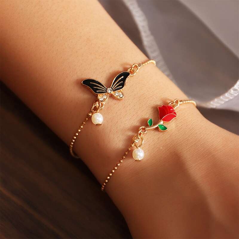 

2pcs Rose & Butterfly Bracelet, Gold