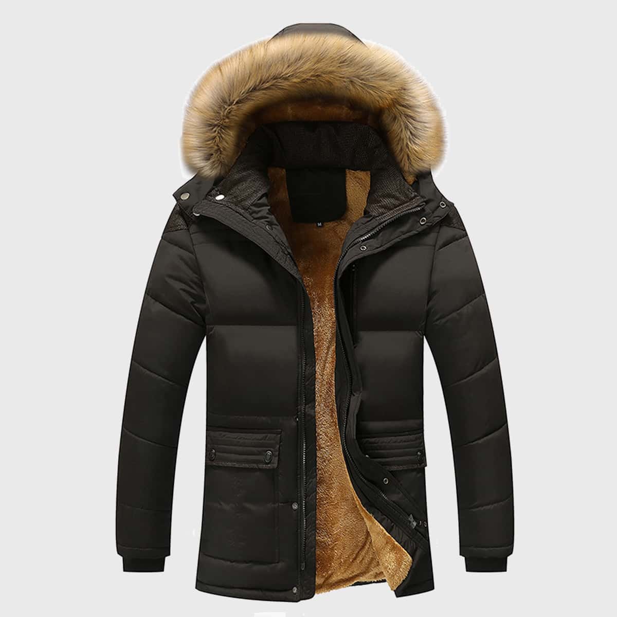 

Guys Flap Pocket Contrast Faux Fur Hooded Puffer Coat, Black