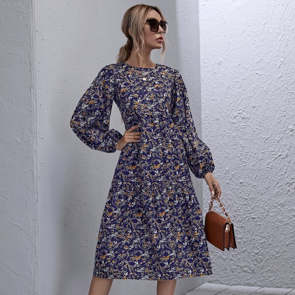 

Allover Floral Print Lantern Sleeve Dress, Multicolor