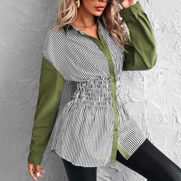 

Contrast Striped Shirred Waist Blouse, Multicolor