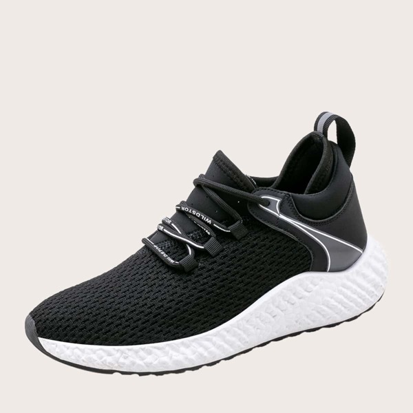 

Men Letter Detail Wide Fit Sneakers, Black and white