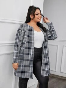 SHEIN Clasi Plus Open Front Plaid Coat - Multicolor - View 5