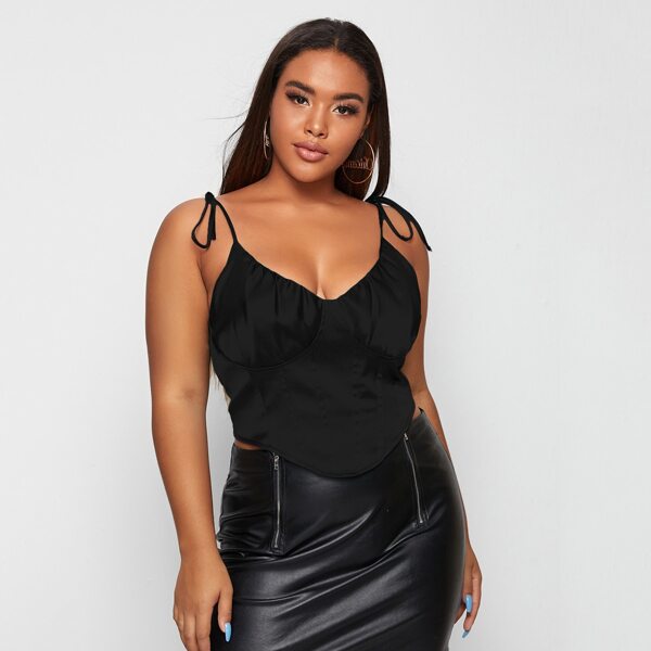 

Plus Tie Shoulder O-ring Zipper Back Satin Cami Top, Black