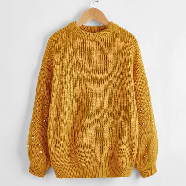 

Girls Drop Shoulder Pearls Beaded Sleeve Sweater, Mustard yellow