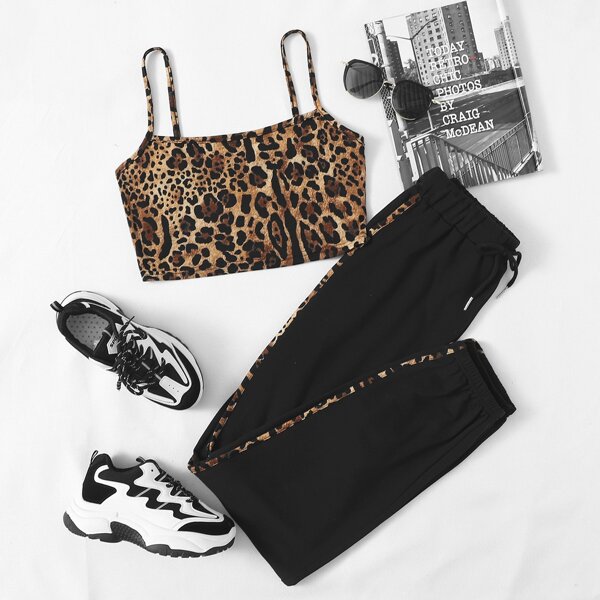 

Leopard Print Cami Top & Drawstring Waist Sweatpants, Multicolor