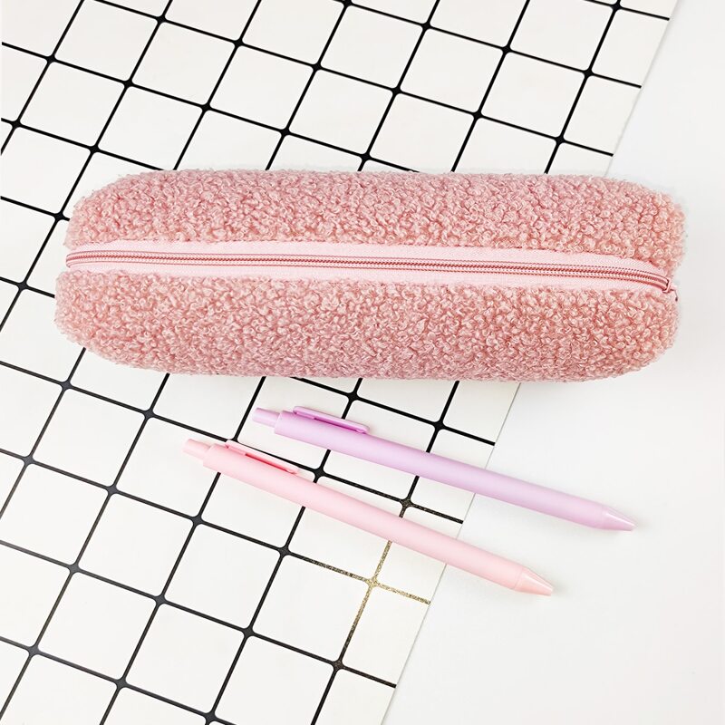 

1pc Solid Color Plush Pencil Case, Pink