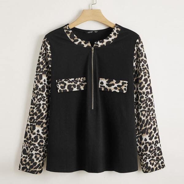 

Plus Zip Half Contrast Leopard Panel Top, Black