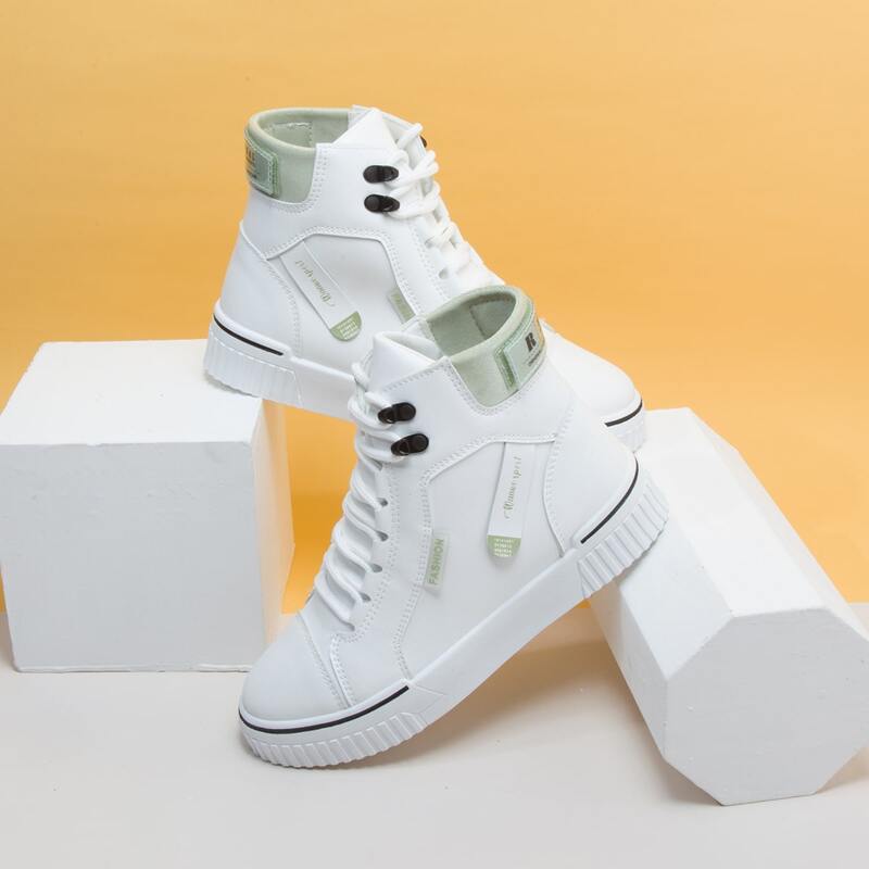 

Letter Tape Decor Lace-up Front High-top Sneakers, White