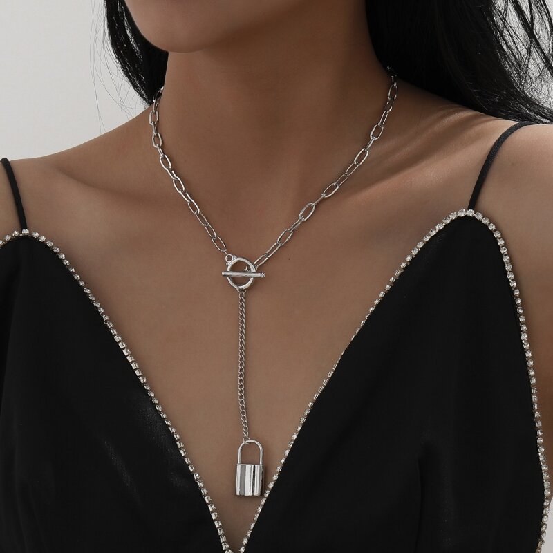 

Lock Y Lariat Chain Necklace, Silver