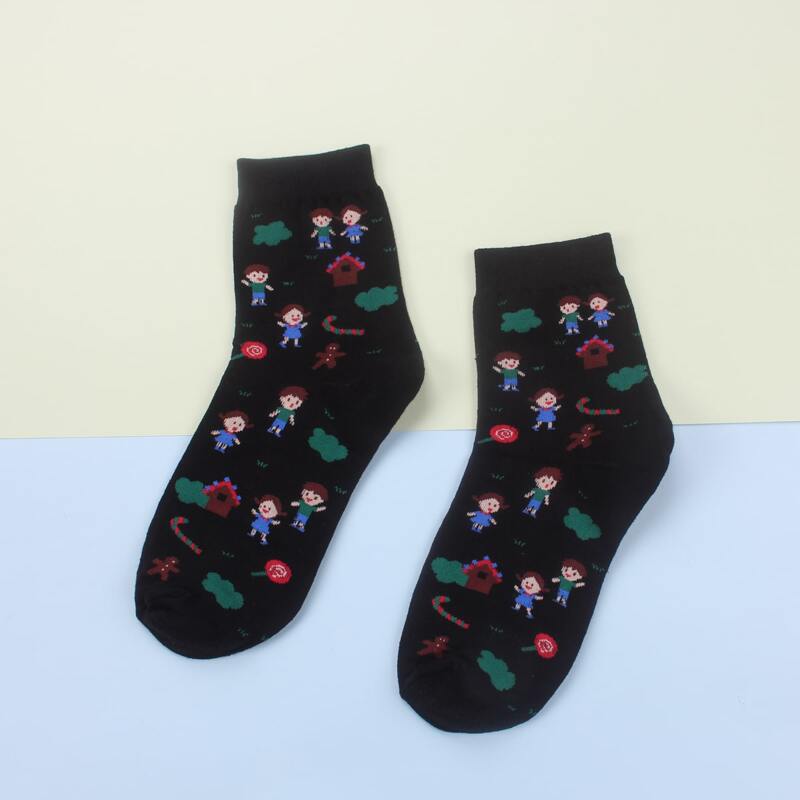 

1pair Cartoon Figure Print Socks, Black
