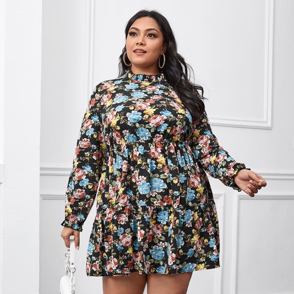 

Plus Flower Print Frill Neck Dress, Multicolor