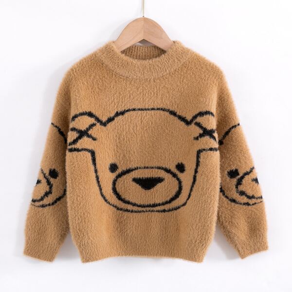 

Toddler Boys Cartoon Bear Pattern Fuzzy Sweater, Camel