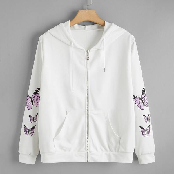 

Plus Butterfly Print Zip Up Drawstring Hoodie, White