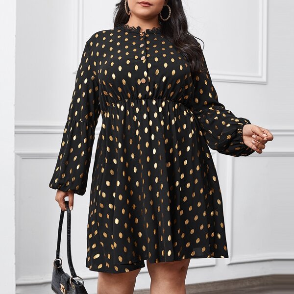 

Plus Metallic Polka Dot Contrast Lace Dress, Black