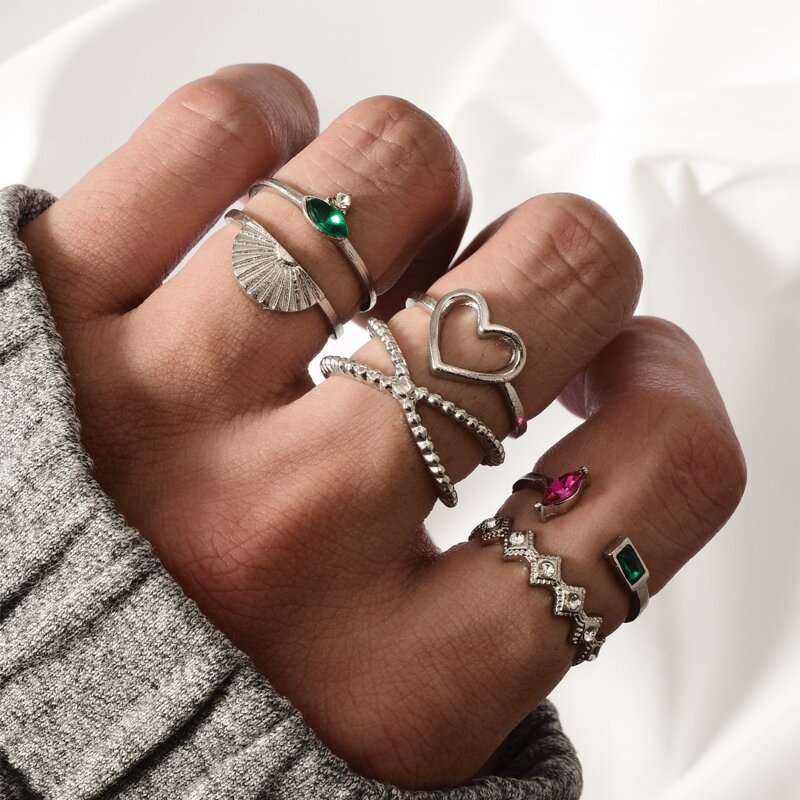 

6pcs Rhinestone Decor Ring, Silver