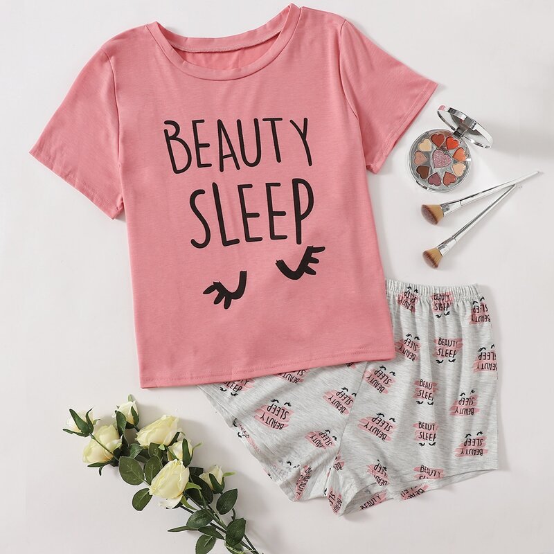 

Letter And Eyelash Print Pajama Set, Multicolor