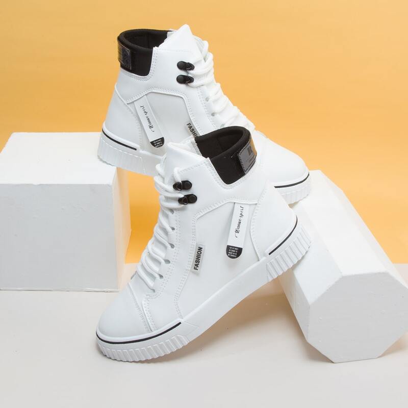 

Letter Tape Decor Lace-up Front High-top Sneakers, White