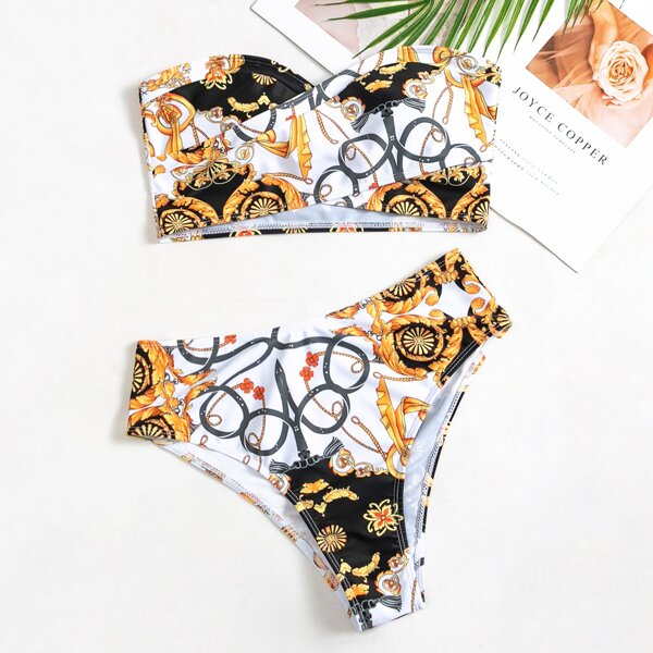 

Chain & Baroque Print Bandeau Bikini Swimsuit, Multicolor