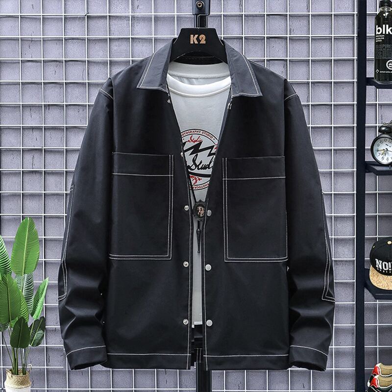

Guys Contrast Topstitching Dual Pockets Jacket, Black