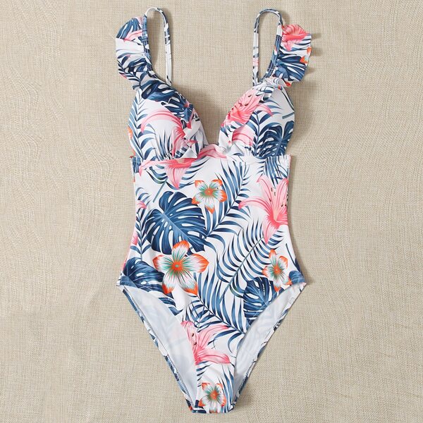 

Tropical & Floral Ruffle Trim One Piece Swimsuit, Multicolor