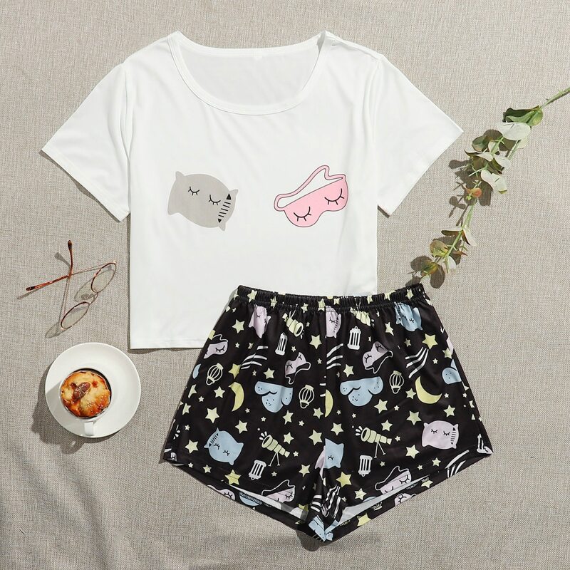 

Cartoon And Galaxy Print Pajama Set, Multicolor