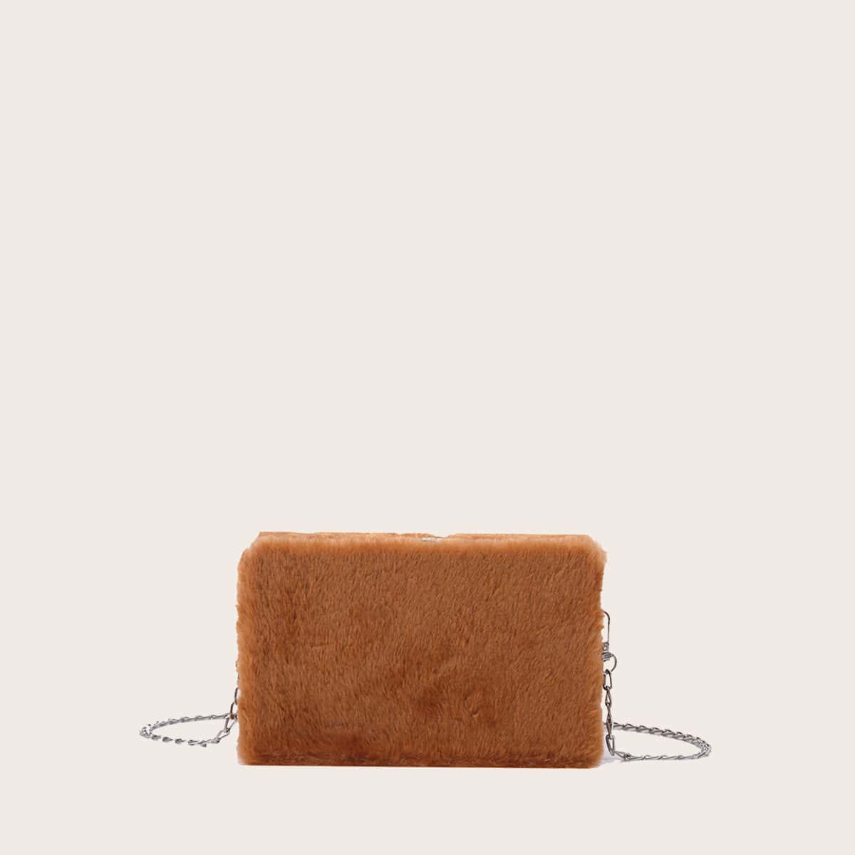 

Box Shaped Faux Fur Chain Bag, Brown