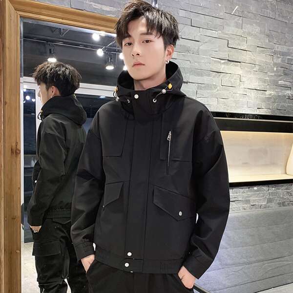 

Men Drawstring Zipper Hooded Jacket, Black