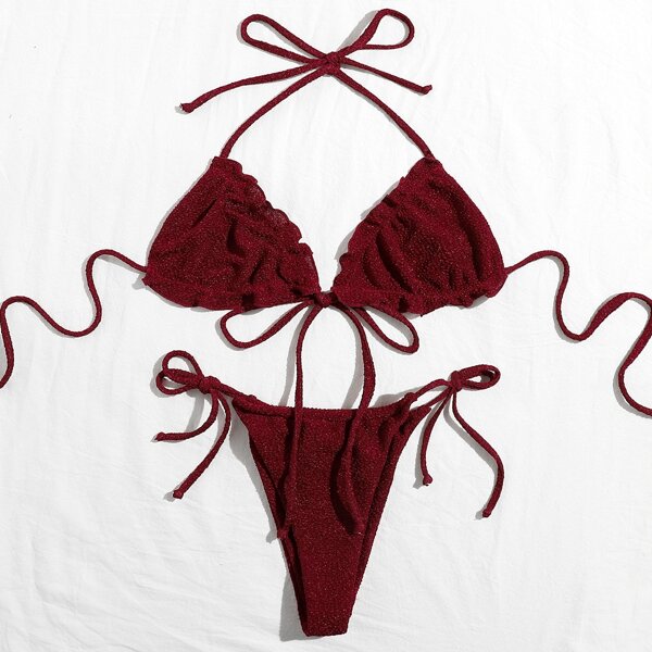

Frill Trim Triangle Tie Side Bikini Swimsuit, Burgundy