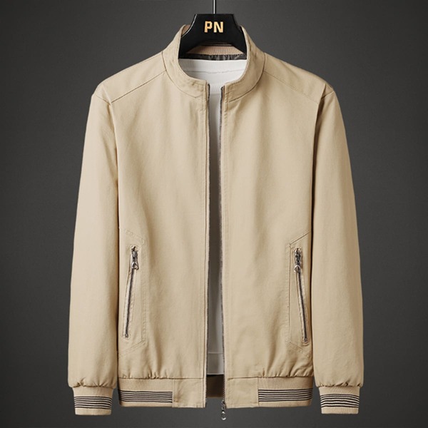 

Men Striped Print Zip Up Slant Pocket Jacket, Khaki