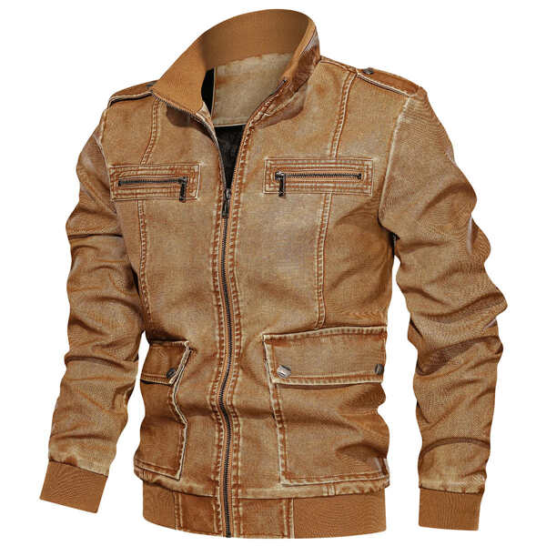 

Men Zip Up PU Leather Jacket, Brown