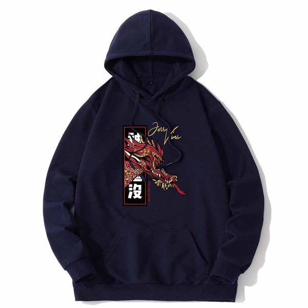 

Men Chinese Dragon & Letter Graphic Hoodie, Navy blue