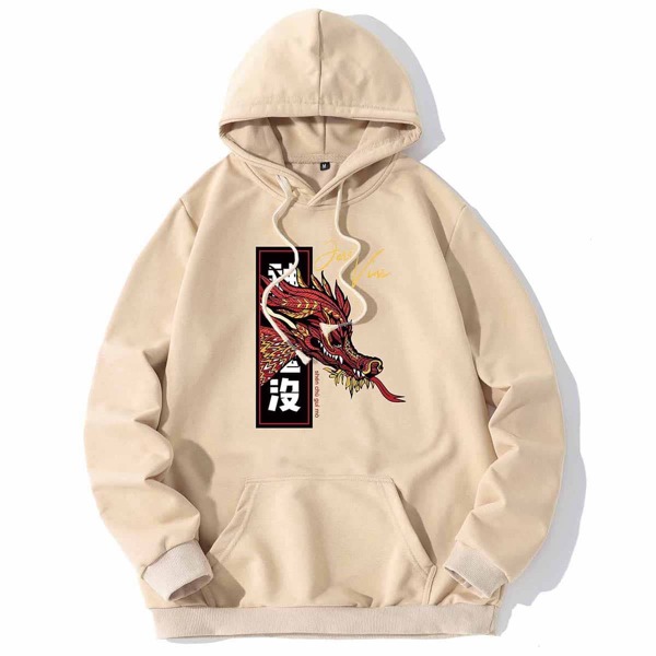 

Men Chinese Dragon & Letter Graphic Hoodie, Apricot