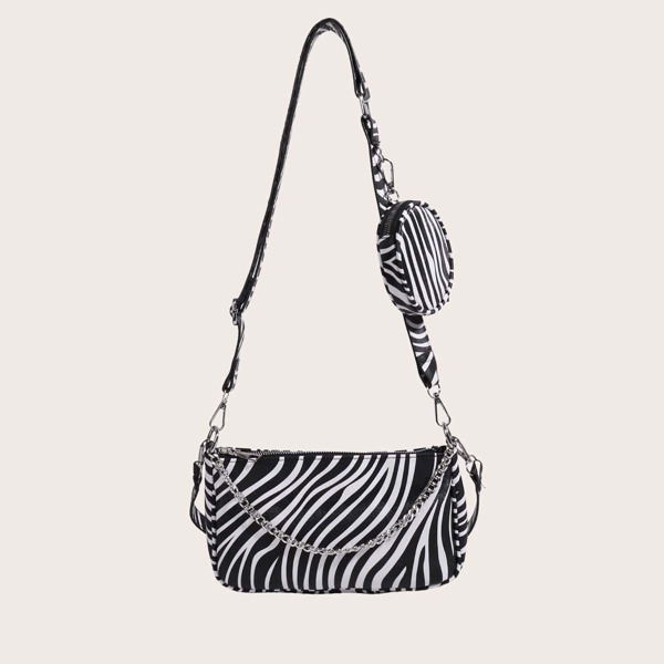 

Zebra Pattern Baguette Bag With Coin Case, Black and white