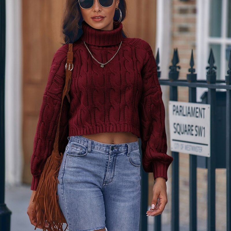 

High Neck Cable Knit Crop Sweater, Maroon