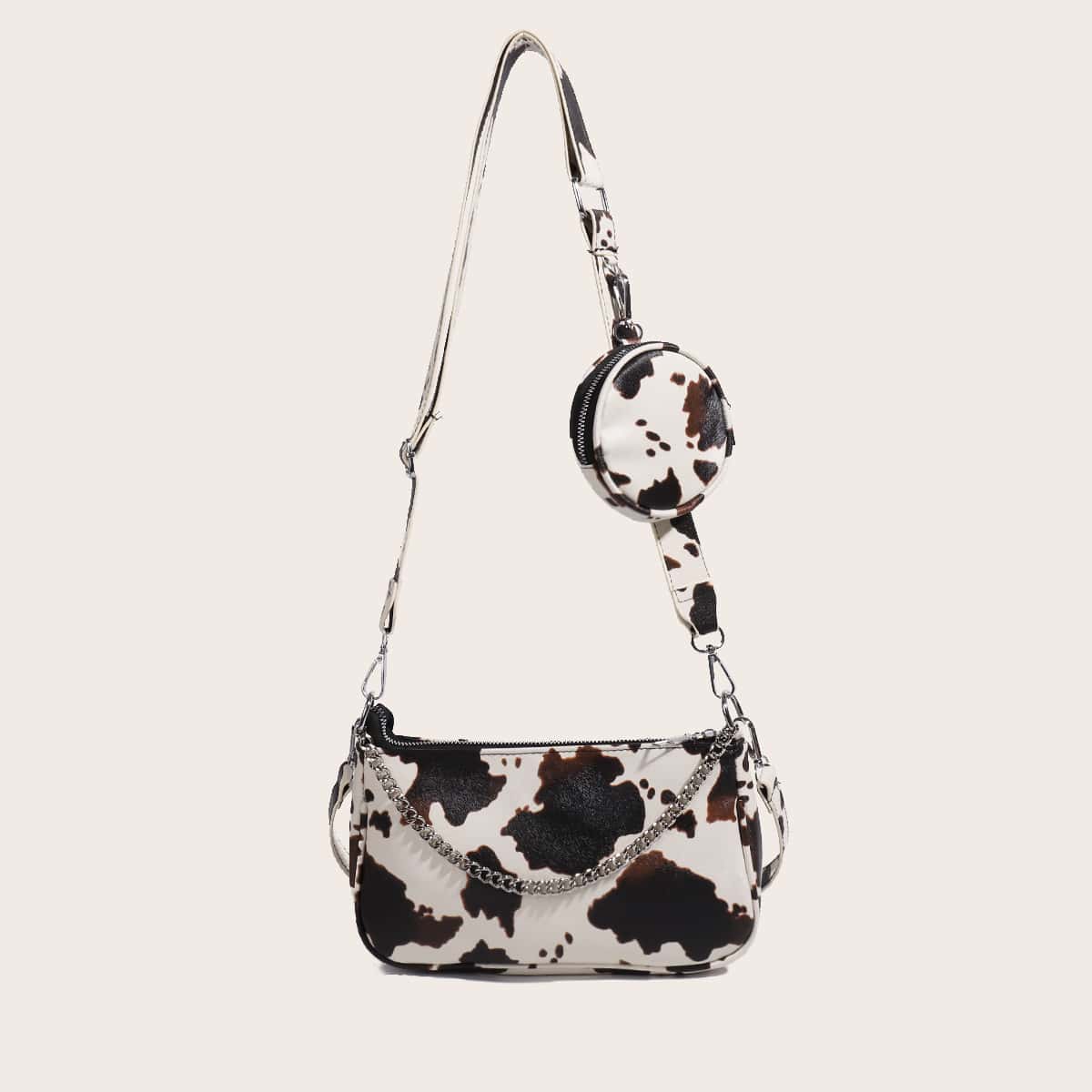 

Cow Pattern Baguette Bag With Coin Case, Beige