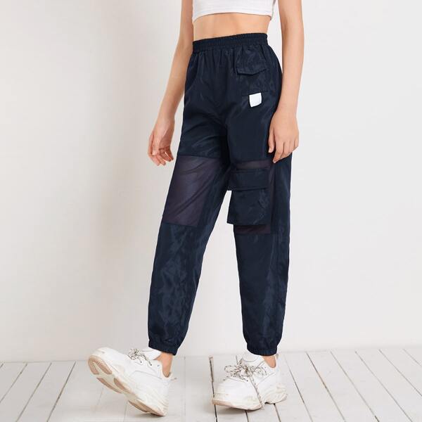 

Girls Flap Pocket Mesh Insert Wind Cargo Pants, Navy blue