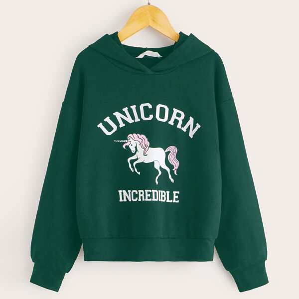 

Girls Unicorn & Letter Graphic Hoodie, Dark green