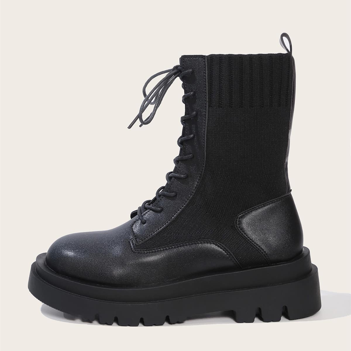 

Lace-up Front Knit Panel Boots, Black