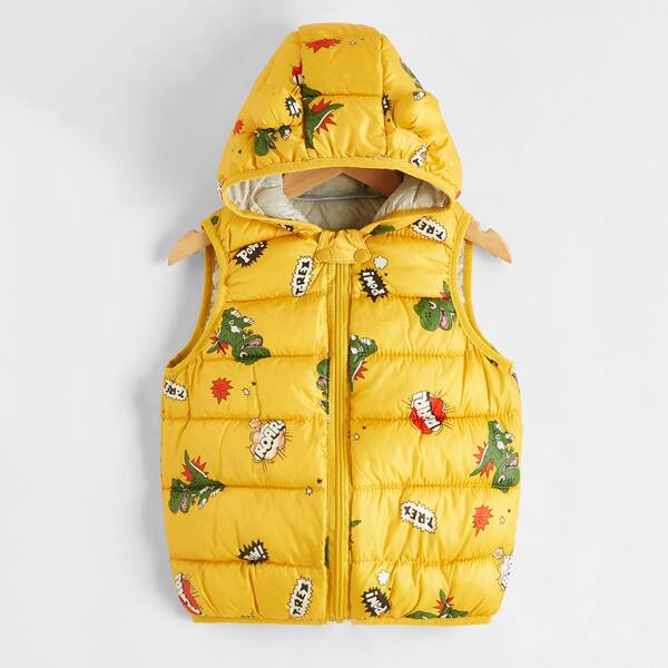 

Toddler Boys Cartoon And Letter Graphic Hooded Padded Jacket, Yellow