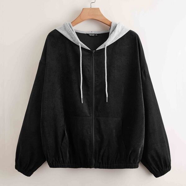 

Plus Colorblock Zip Up Hooded Corduroy Jacket, Black
