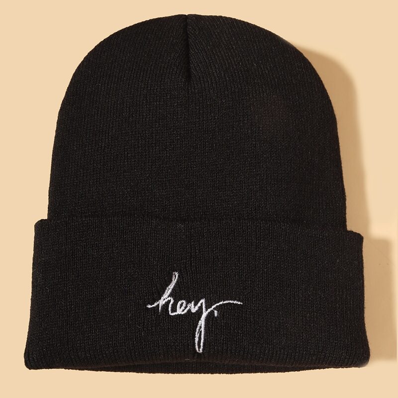 

Letter Embroidery Beanie, Black