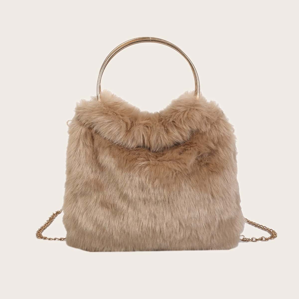 

Ring Handle Fluffy Satchel Bag, Khaki
