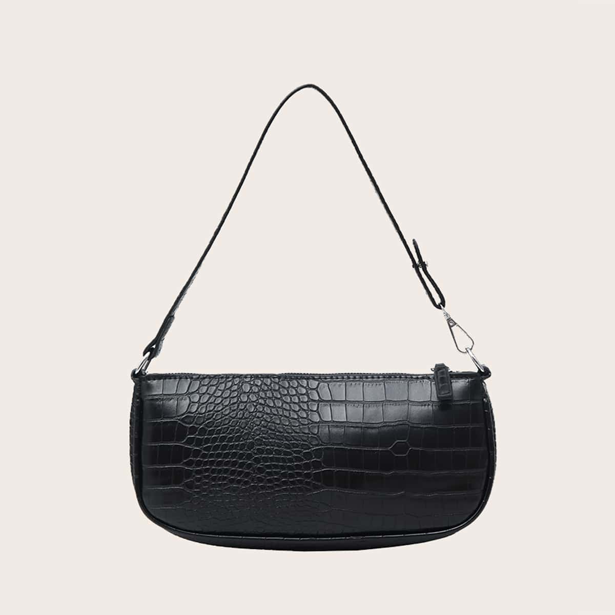 

Croc Embossed Baguette Bag, Black