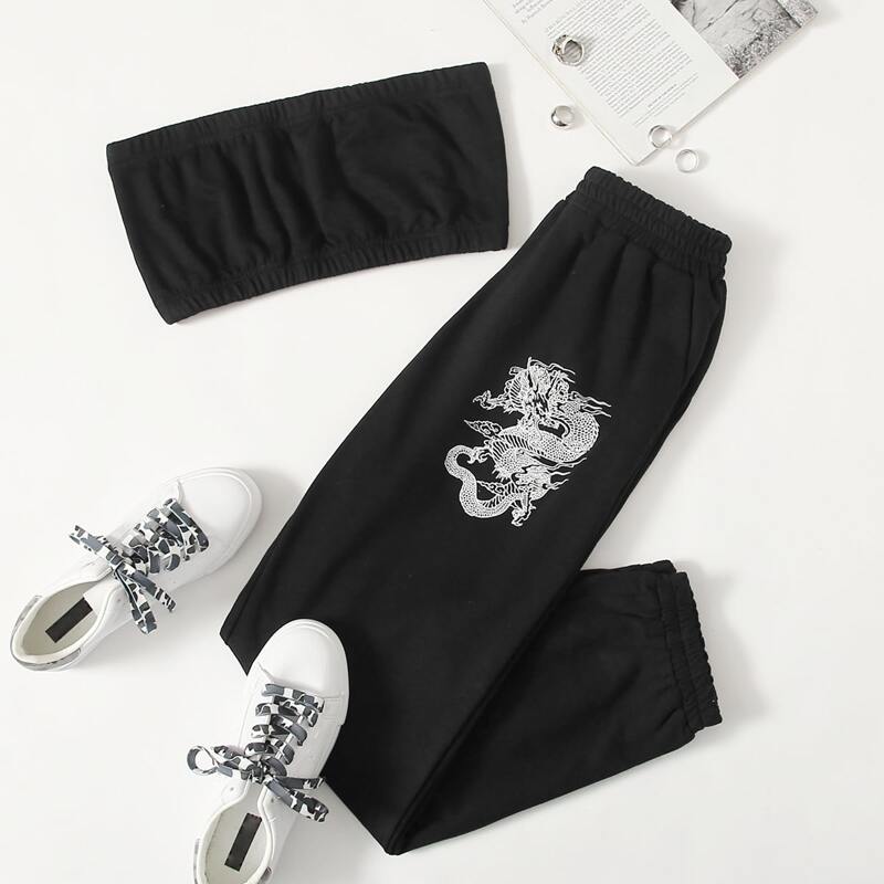 

Solid Tube Top & Chinese Dragon Graphic Sweatpants, Black