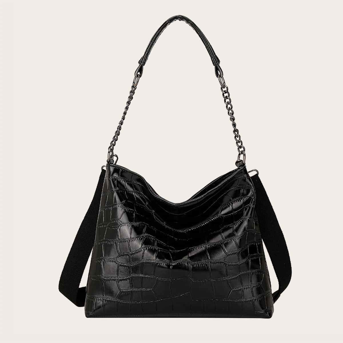 Croc Embossed Shoulder Bag, Black