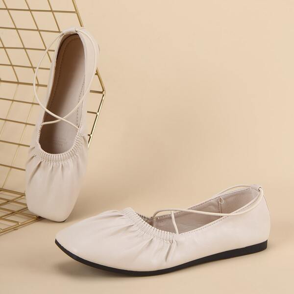 

Ruched Detail Square Toe Flats, Beige
