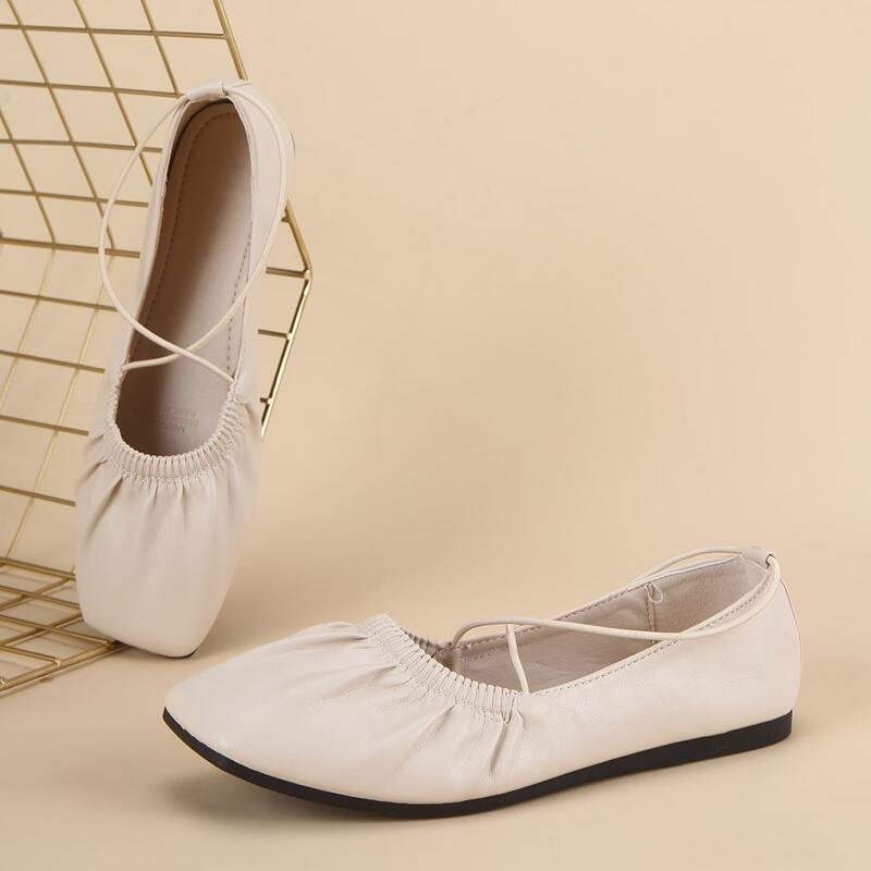 

Ruched Detail Square Toe Flats, Beige