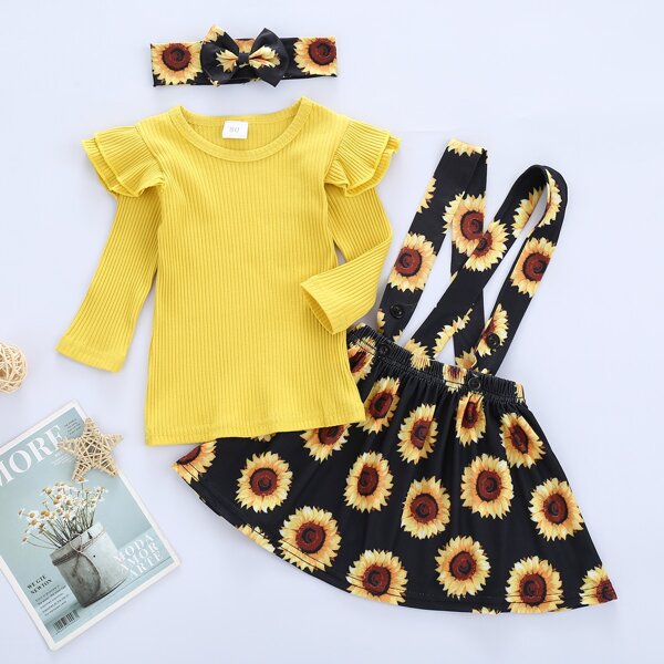 

Toddler Girls Ribbed Ruffle Trim Tee & Sunflower Print Pinafore Skirt & Headband, Multicolor