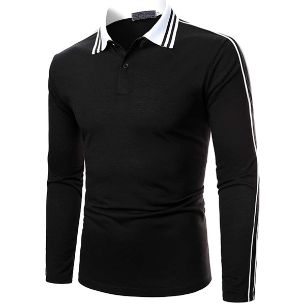 

Men Striped Print Long Sleeve Polo Shirt, Black
